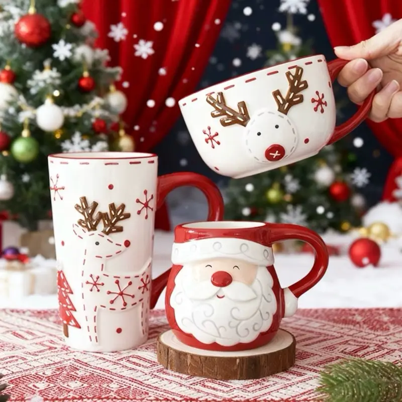 Christmas Ceramic Mug - Santa & Reindeer Holiday Coffee Cups, Kitchenware Drinkware