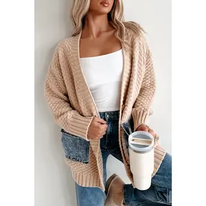 Smoke Gray Open Front Knitted Denim Pocket Patchwork Cardigan