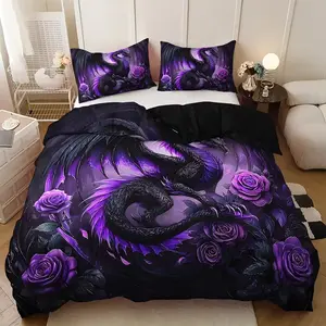 3pcs Dark Dragon & Rose (1 Fitted Sheet + 2 Pillowcases), High Definition Print, Gothic Style, All Seasons Home Dorm Use, Decorative Bedsheet Sets
