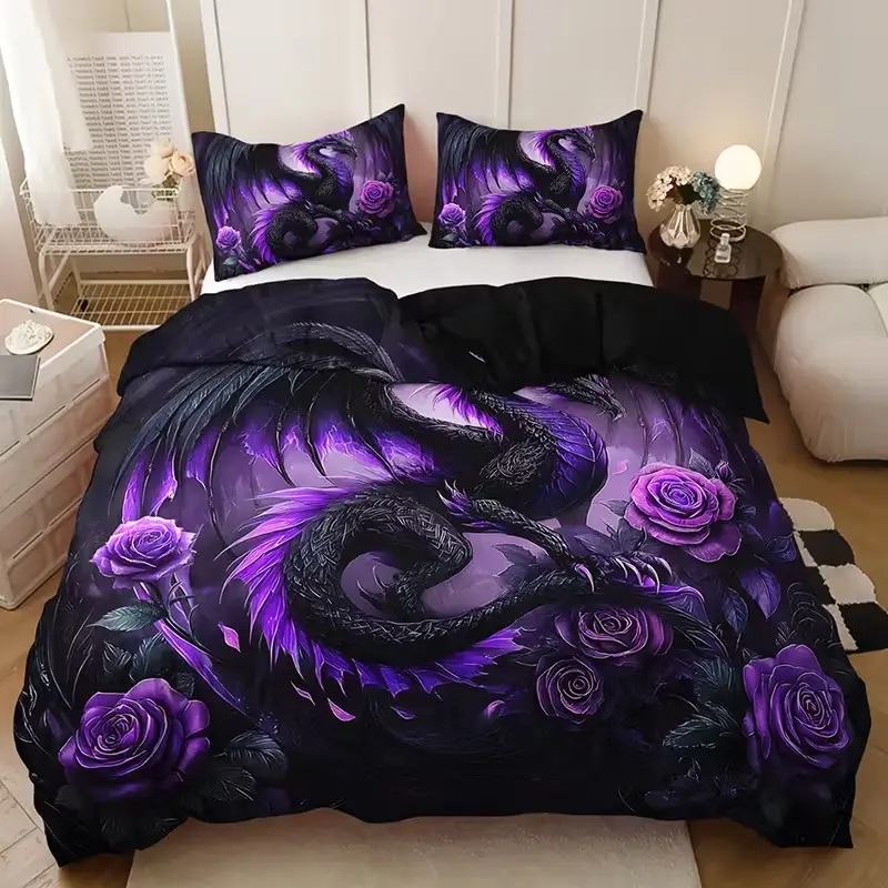 3pcs Dark Dragon & Rose (1 Fitted Sheet + 2 Pillowcases), High Definition Print, Gothic Style, All Seasons Home Dorm Use, Decorative Bedsheet Sets, Decorative Bedding Set