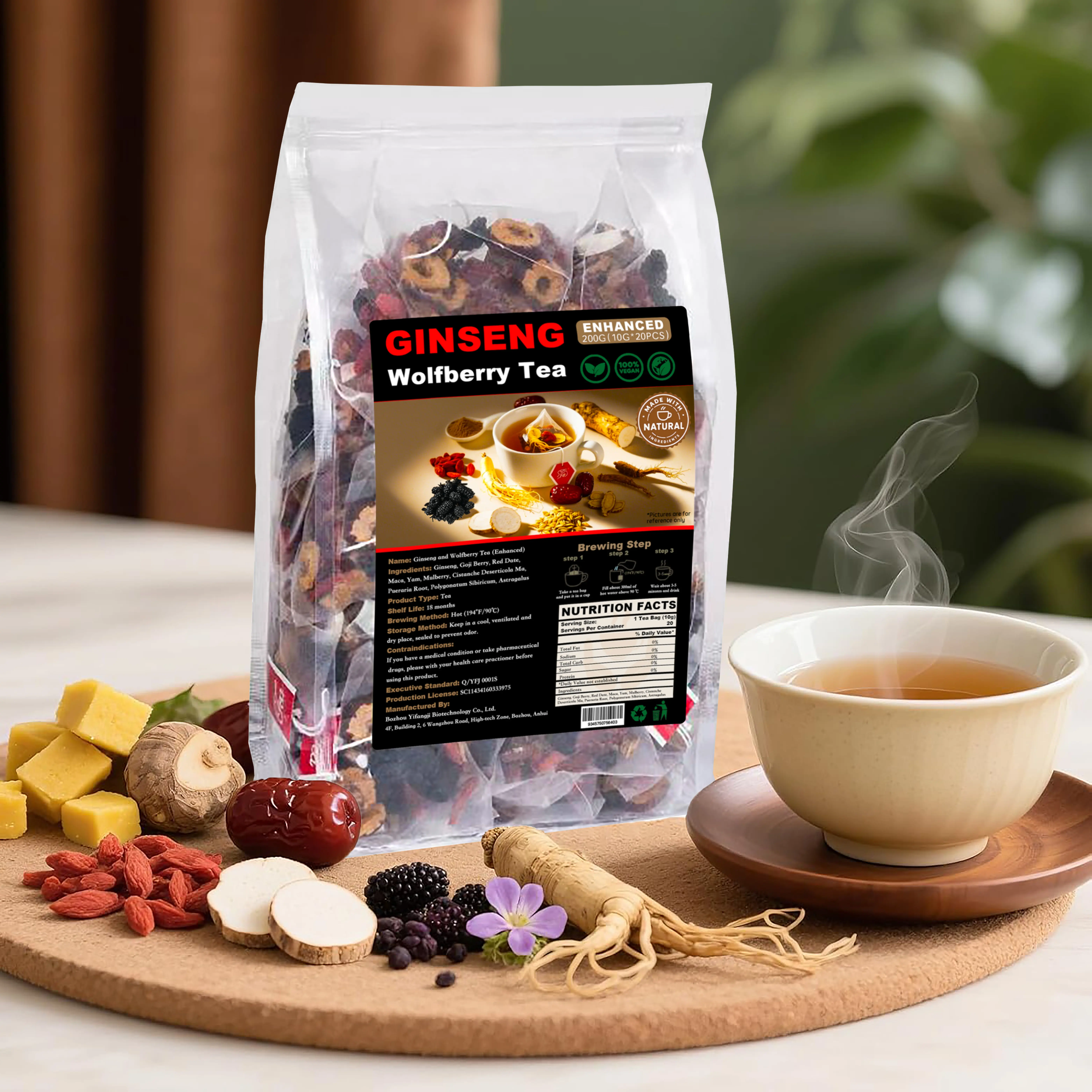 Ginseng Ten Treasure Tea - 10 Herbs for Liver & Kidney Cleanse Natural Herbal Tea with Red Date & Wolfberry 60 Bags for Vitality & Balance Beverage
