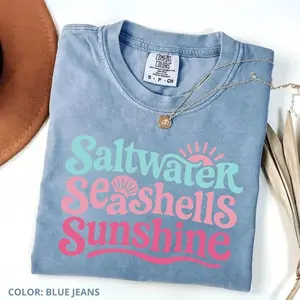 Comfort Colors Saltwater Seashells & Sunshine T Shirt, Coastal Summer Beach Tee, Ocean Vacation Shirt, Top Womenswear