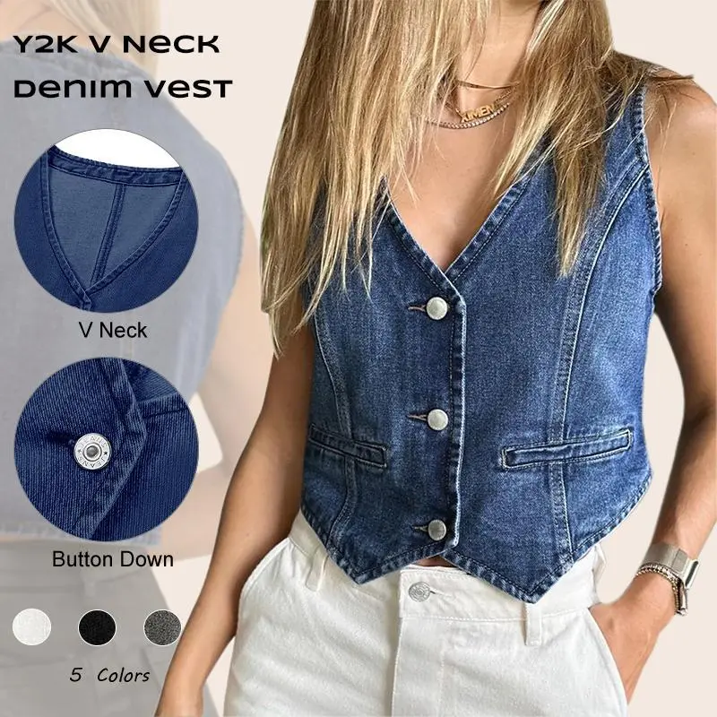 Imily Bela Womens Denim Vest Sleeveless V Neck Button Down Jean Waistcoat Jacket Y2K Summer Crop Tops