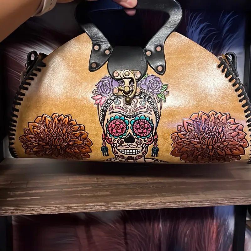 Handtooled Leather Taco-Shaped Crossbody Purse with Catrina Cempasuchil Flower Design
