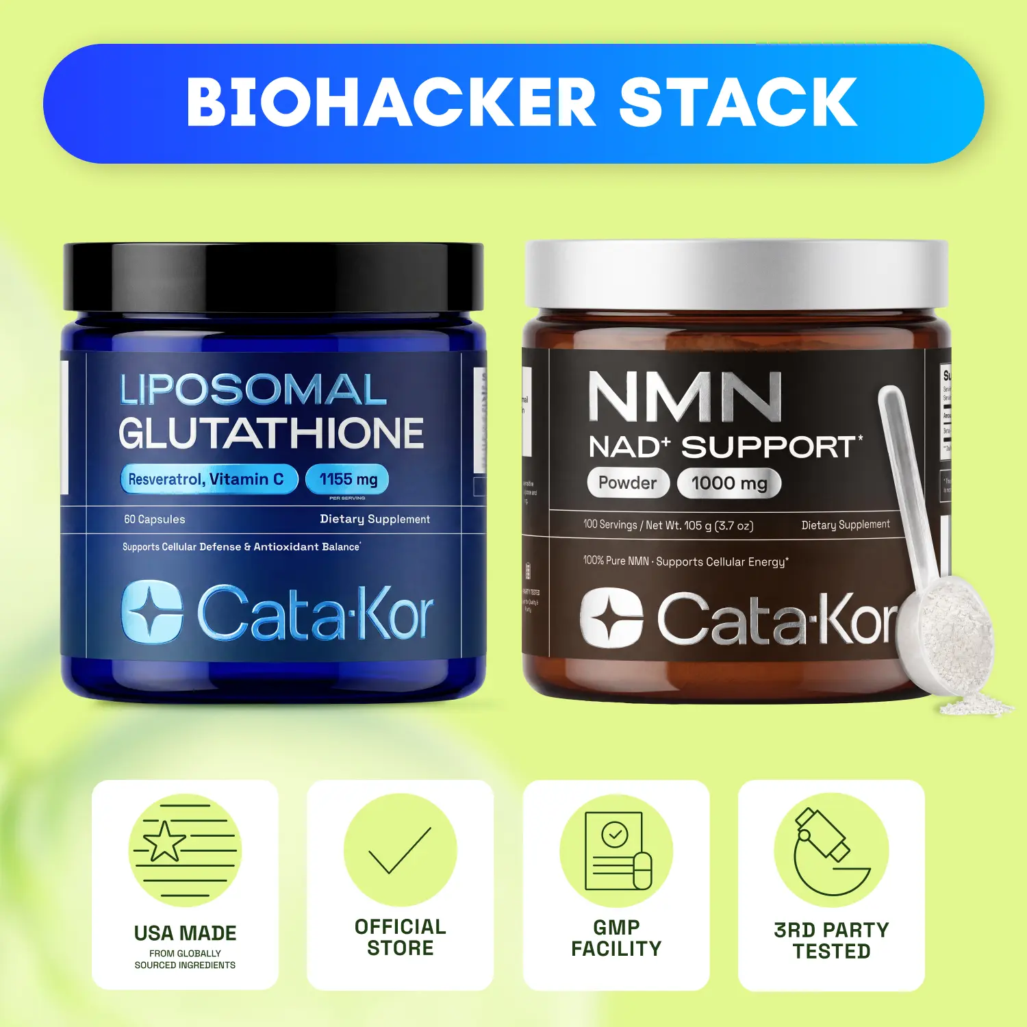 Cata-Kor Biohacker Stack - NMN 1000 mg, Liposomal Glutathione 500 mg, Biotin, Hyaluronic Acid, MSM, Vitamin C Advanced Dietary Supplement Antioxidant Complex