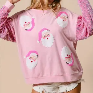 Women's Glitter Patch Crewneck Pullover Tops Christmas Sequins Sweatshirts Sparkly Printed Xmas Long Sleeve Shirt for Festive Occasions