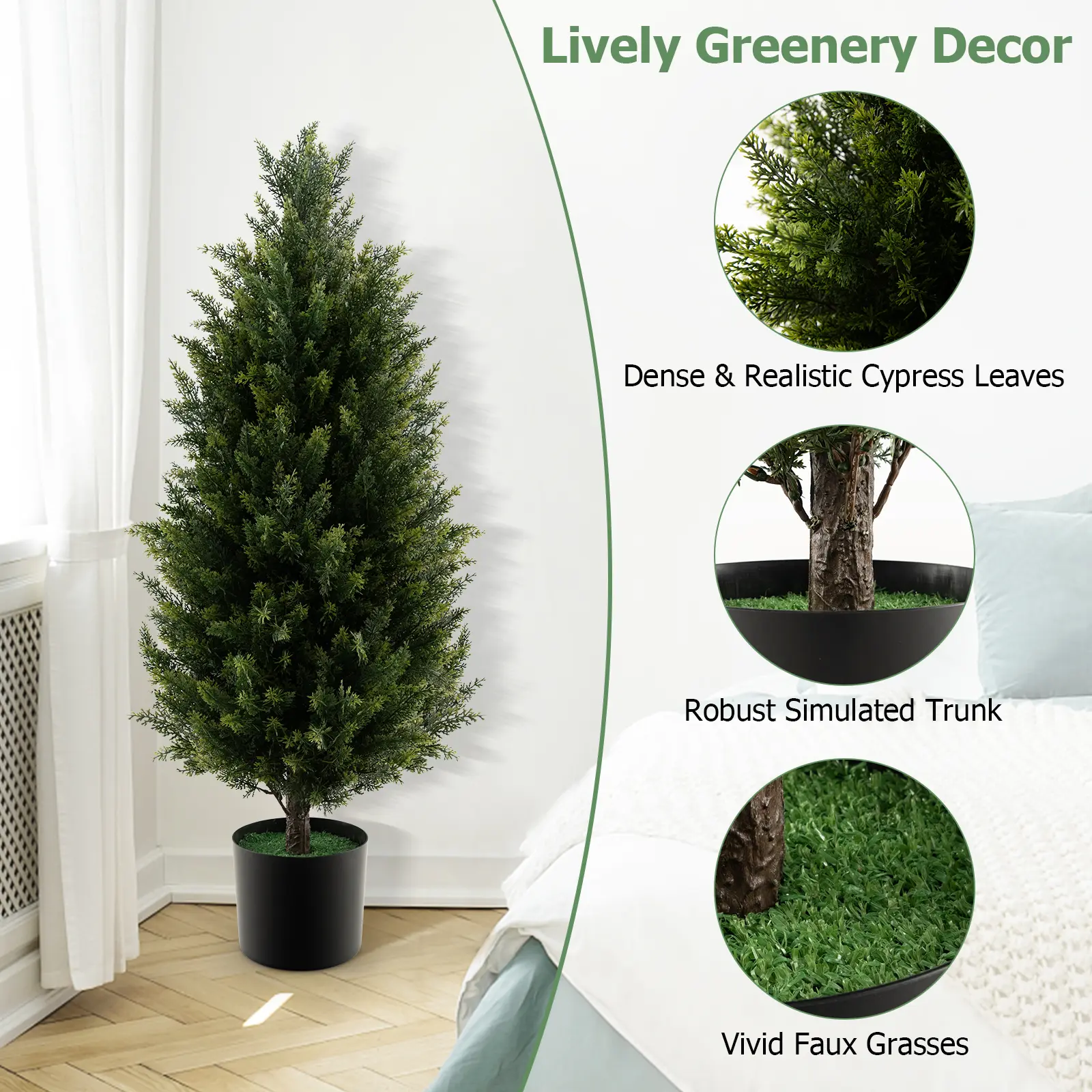COSTWAY - 3 Feet Artificial Topiary Cedar Tree with Cement Plastic Pot and Faux Moss-Green