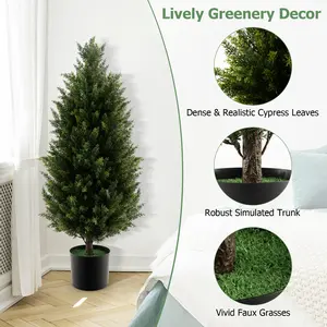 COSTWAY - 3 Feet Artificial Topiary Cedar Tree with Cement Plastic Pot and Faux Moss-Green