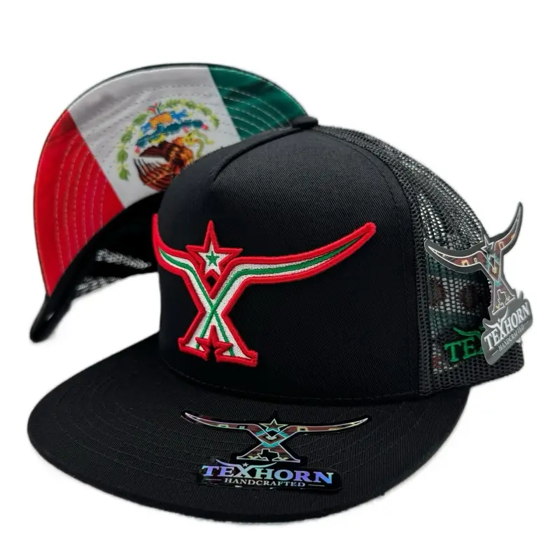 TEXHORN Piedras Negras Style Texhorn Handcrafted Trucker Hat with Mexican Flag Design and Red Green Star Emblem