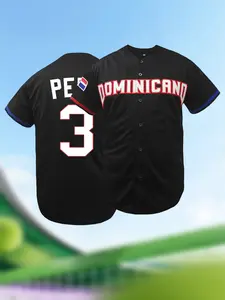 Dominicana #3 High-Quality Embroidered Baseball Jersey, V-Neck Loose Fit Casual Sportswear, Sports Clothing, Athletic Workout Tops, Breathable Short Sleeve, Unisex All Seasons