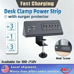 Desk Clamp Power Strip Extension Cord With USB C Port PD 20W 2 Meter 3 Outlet Plugs 4 USB Ports Surge Protector