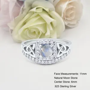 Trinity Halo Cushion Cut 0.84 Carat Natural Moonstone Ring Bridal Band Wedding Round Shape Ring 925 Sterling Silver 11mm
