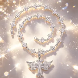 M2-2299 Angel Wing Cross Pendant with Clover Link Necklace Blinged Out Iced Out Statement Piece for Hip Hop Streetwear outdoorfun