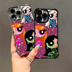 Powerpuff Girls Bling Sparkle Phone Case Juicy Design Cartoon Style Compatible with iPhone 11/12/13/14/15/16 Pro Max Plus Trendy Case for Teen Girls Cartoon Fans