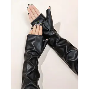 New Long Leather Gloves for Women, Plaid Waterproof Fingerless Elbow Pads, Party Evening Decoration Arm Accessories