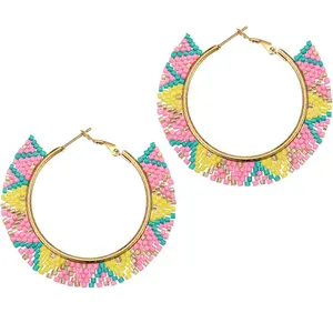 Boho Beaded Hoop Earrings,  Colorful Beads Hoop Earrings for Women Big Circle Bead Huggie Earrings