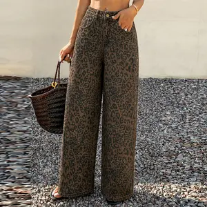 QKU Women's 100% Cotton Leopard Print High Rise Relaxed Fit Straight Leg Denim Trousers with Pockets Casual Animal Print Jeans for Spring & Fall