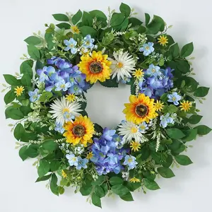 26" Large Artificial Flower Wreath for Front Door Outside – Spring Summer Wreath with Lifelike Sunflowers, Fake Blue Hydrangea Flowers for Indoor Outdoor Mantel,Window,Farmhouse,Home,Wall Decor