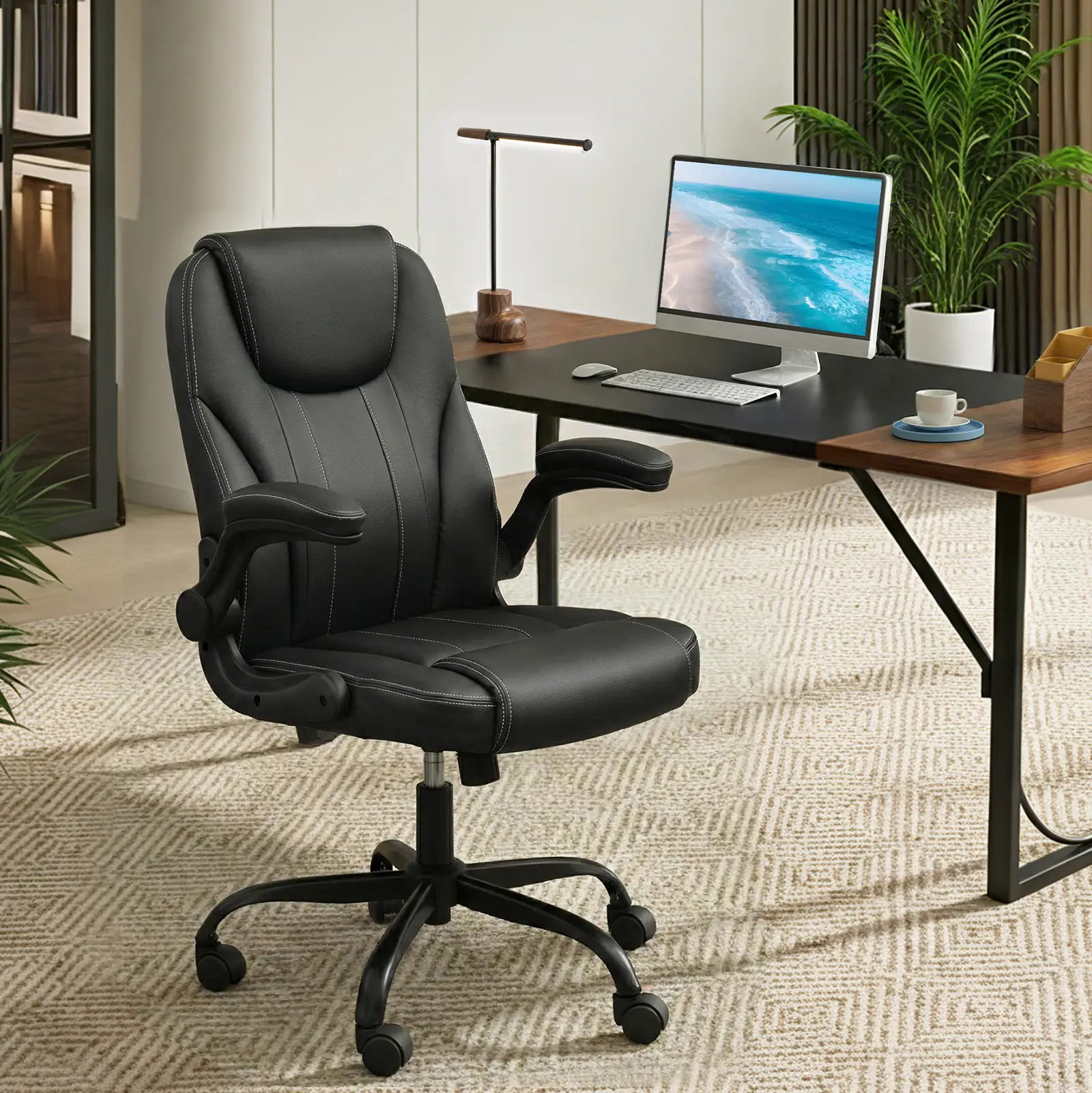 Pinmoco Ergonomic Leather Office Chair, Two-tone leather office chair.Computer Desk Chair with Double-Layer Cushion, Swivel Gaming Chair with Wheels and Flip-Up Armrests