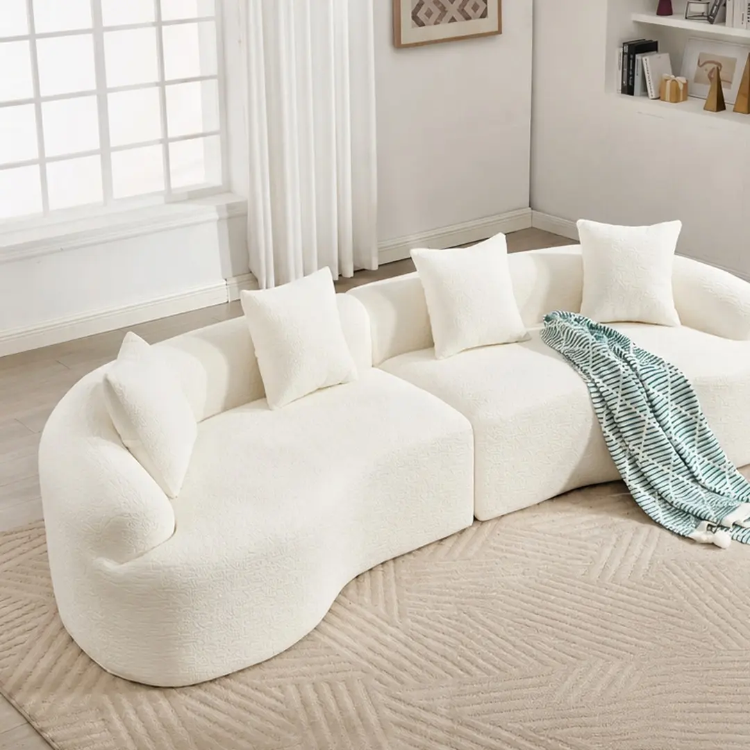 Curved Boneless Modular Sectional Sofa 110'' White Chenille Couch with Pillow Back Flared Arms Medium-Soft Foam+Spring 4-Seat Sleeper for Living Room Bedroom Apartment Lounge No Assembly, White Color Options, Foam+Spring Material