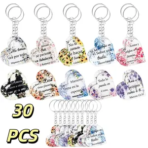 2D Flat, 30pcs Spanish Christian Keychain Set Bible Verse Keychain Religious Gifts Heart Shape with Inspirational Spanish Religious Scripture for Daily Faith Reminder