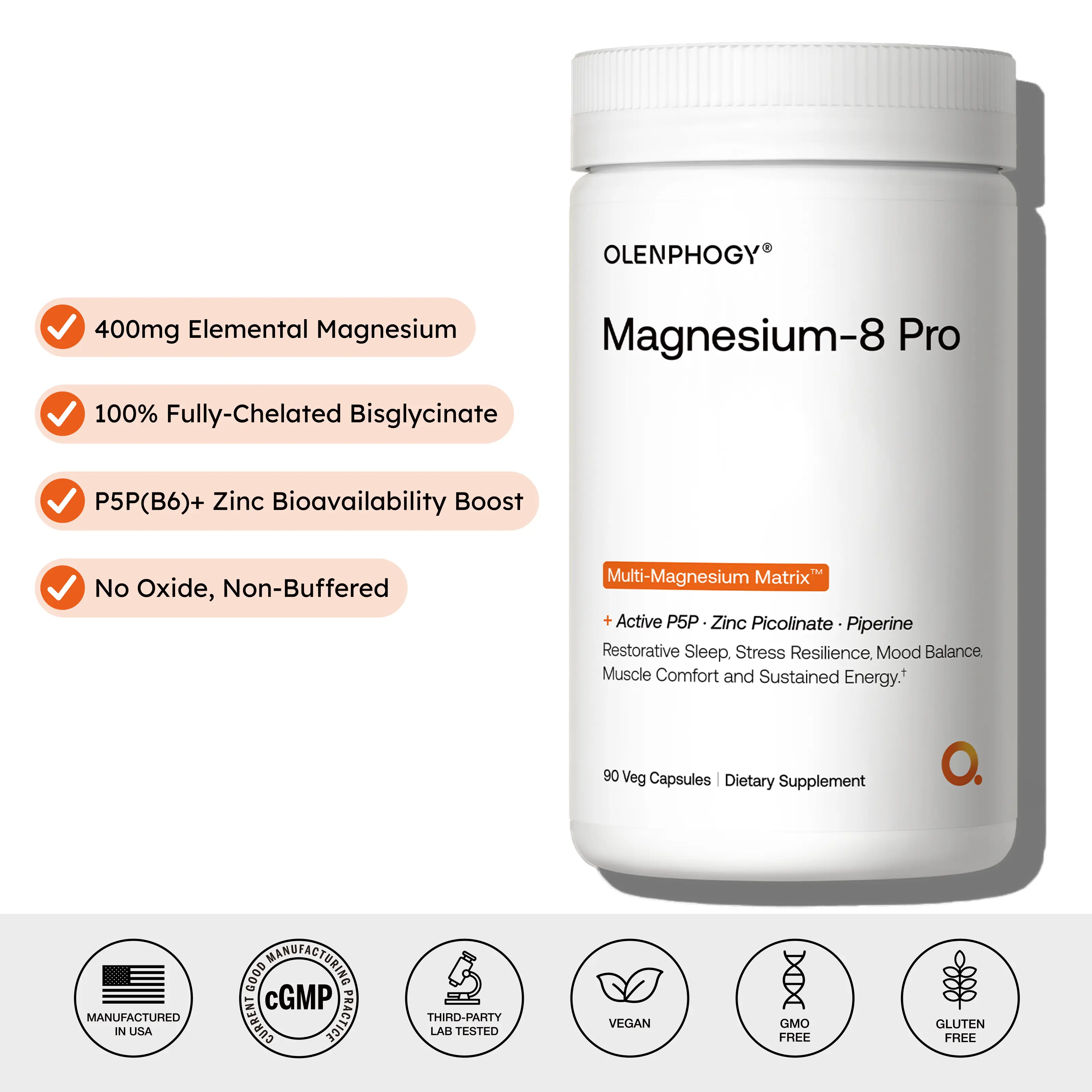 Olenphogy Magnesium-8 Pro, 8-in-1 Chelated Magnesium Glycinate Complex, High Absorption Magnesium for Better Sleep and Stress Support, Cortisol Support, including Citrate, Taurate, Malate, Orotate, 400mg Elemental Magnesium, 90 Capsules
