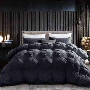Luxurious all-season goose down feather fiber comforter, queen size duvet insert, exquisite black pinch pleat design, premium baffle box, 100% Egyptian cotton cover, 65 oz. Fill Weight, Black