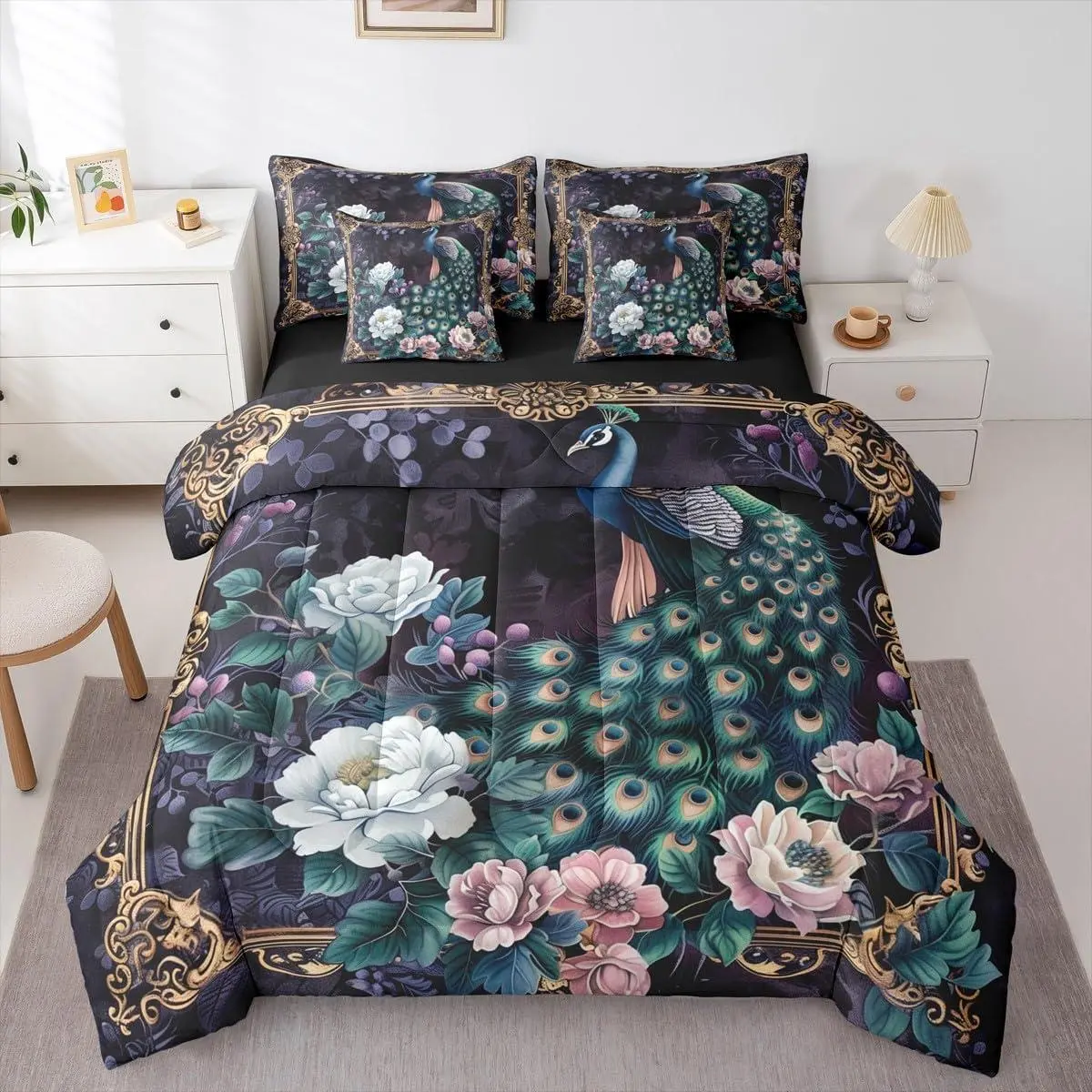Green Peacock Bed in A Bag 7 Piece Floral Peacock Animal Comforter Set,Retro Flower Blossoms Bedding Set,for Kids Boys Girls Exotic Boho Cobalt Blue Sheet Set with Comforter