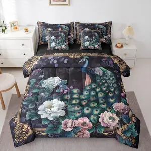 Green Peacock Bed in A Bag 7 Piece Floral Peacock Animal Comforter Set,Retro Flower Blossoms Bedding Set,for Kids Boys Girls Exotic Boho Cobalt Blue Sheet Set with Comforter