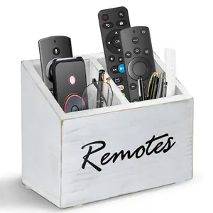 Remote Control Holder, Wood TV Remote Holder for Table, 2 Compartments Remote Control Storage Organizer, Media Caddy Organizer for Living Room Bedroom Office Nightstand(white) wooden box