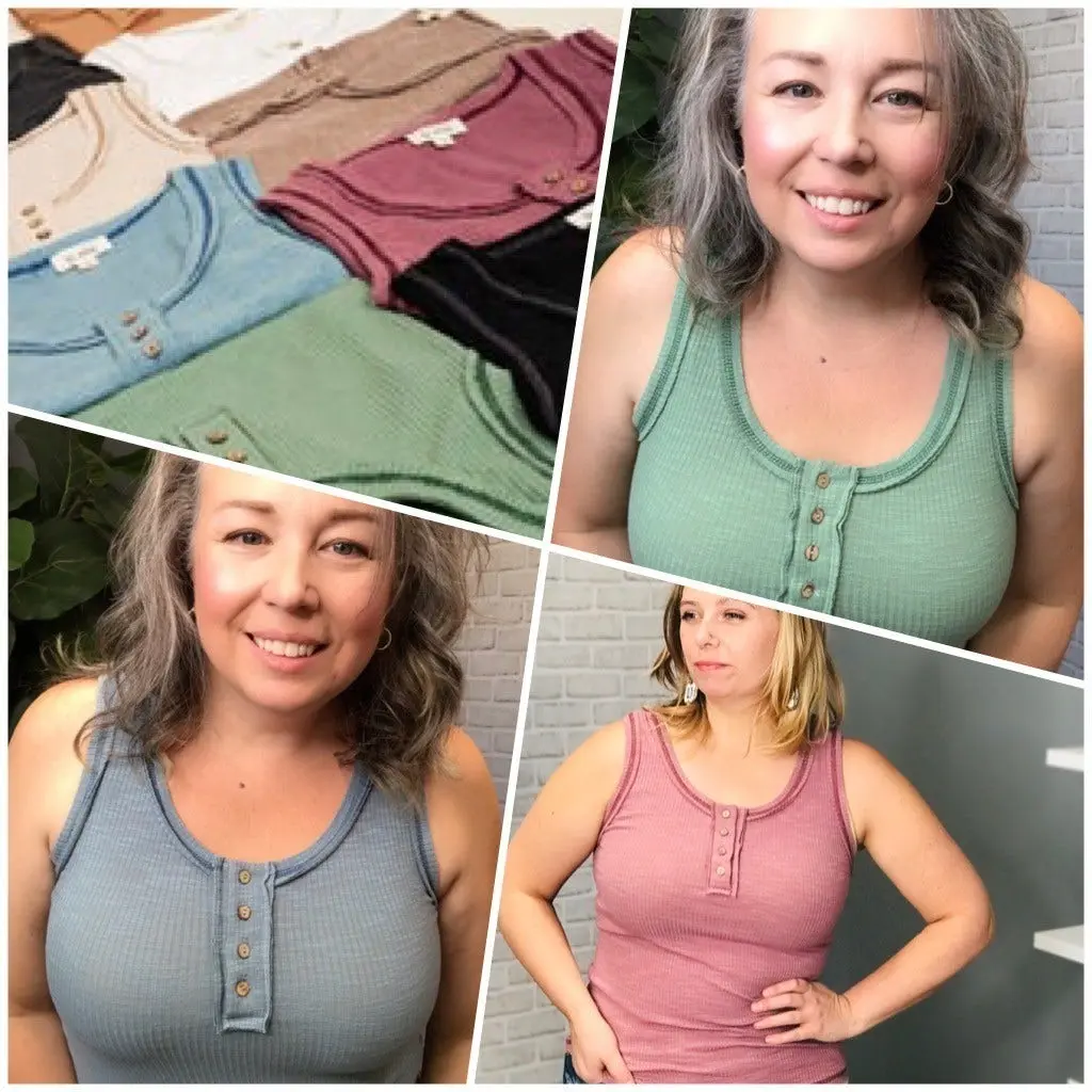 Jolene Button Henley Ribbed Raw Edge Tank Top