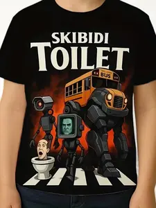 Teenagers' Skibidi Toilet Bus Geometric Pattern Fitted T-Shirt, 3D Printed Breathable Round Neck Crewneck, Unisex Casual Streetwear, Casual Everyday Wear, Perfect Gift for Outdoor Activities