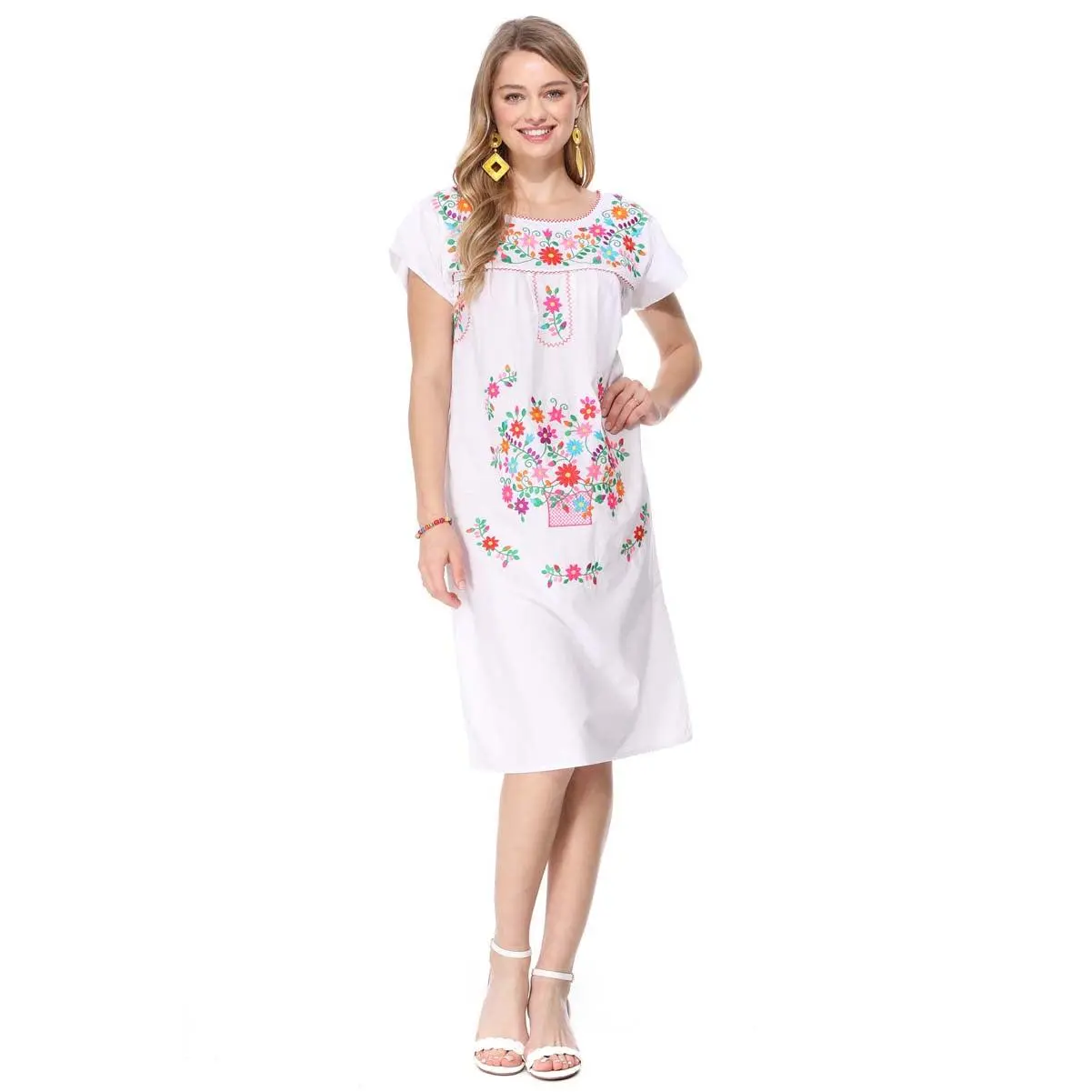 UNIK Women's Cotton Embroidered Traditional Puebla Mexican Dress - Lady's Everyday Casual White Dress WD2058, Embroidery, Mexican Embroidery Casual Dresses