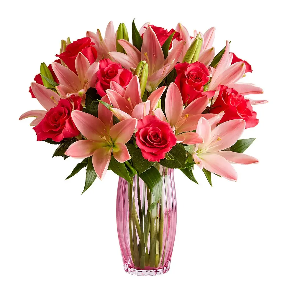1800 Flowers – Magnificent Pink Roses & Asiatic Lily Single Bouquet (Clear Pink Vase Included) | Fresh Cut Spring Flowers for Delivery |Gift for Spring, Anniversary, Sympathy, and Special Occasions