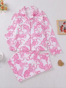 Women's Leopard Print Pajama Set, Pjs, Casual Fall & Winter Sleepwear, Loungewear, Soft Knit Long Sleeve Shirt and Elastic Pants, Comfortable Home Wear