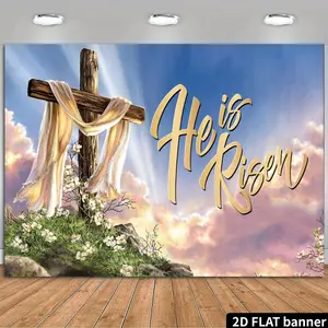 2D Planar Easter Photos Background He is the Rising Flag Christian Jesus Decoration and Supplies for Household Use, Multi-functional Wall Decorations, Suitable for Homes, Offices, Outdoors, Studios