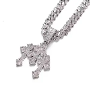 Iced Out Triple Cross Stacked Pendant Necklace for Men 13mm Cuban Chain Hip Hop Rhinestone Jewelry Gift Ready Fashion Statement Piece