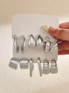 12pcs Women's Ring Design Unique Hoop Shape Earrings Set, Eco-Friendly Ccb Material, Non-Fading Sand Silver Color Plated, Daily Wear Holiday Gift