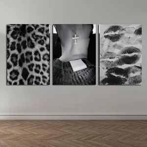 Set of 3 trendy Y2K retro-sexy designs, featuring vintage prints, leopard print, black leopard print, and red lip patterns, perfect for beautiful home or dorm room decor.