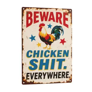 Funny "Beware Chicken Everywhere" Metal Sign, Vintage Rooster Farmhouse Wall Art, 12x8in Aluminum Decor for Chicken Coop, Backyard