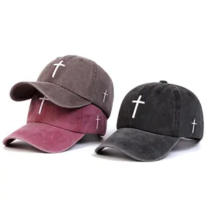 Unisex Cross Embroidered Wash Baseball Cap Outdoor Adjustable Sunscreen Leisure Hat Spring Autumn Travel Tourism Beach Vacation
