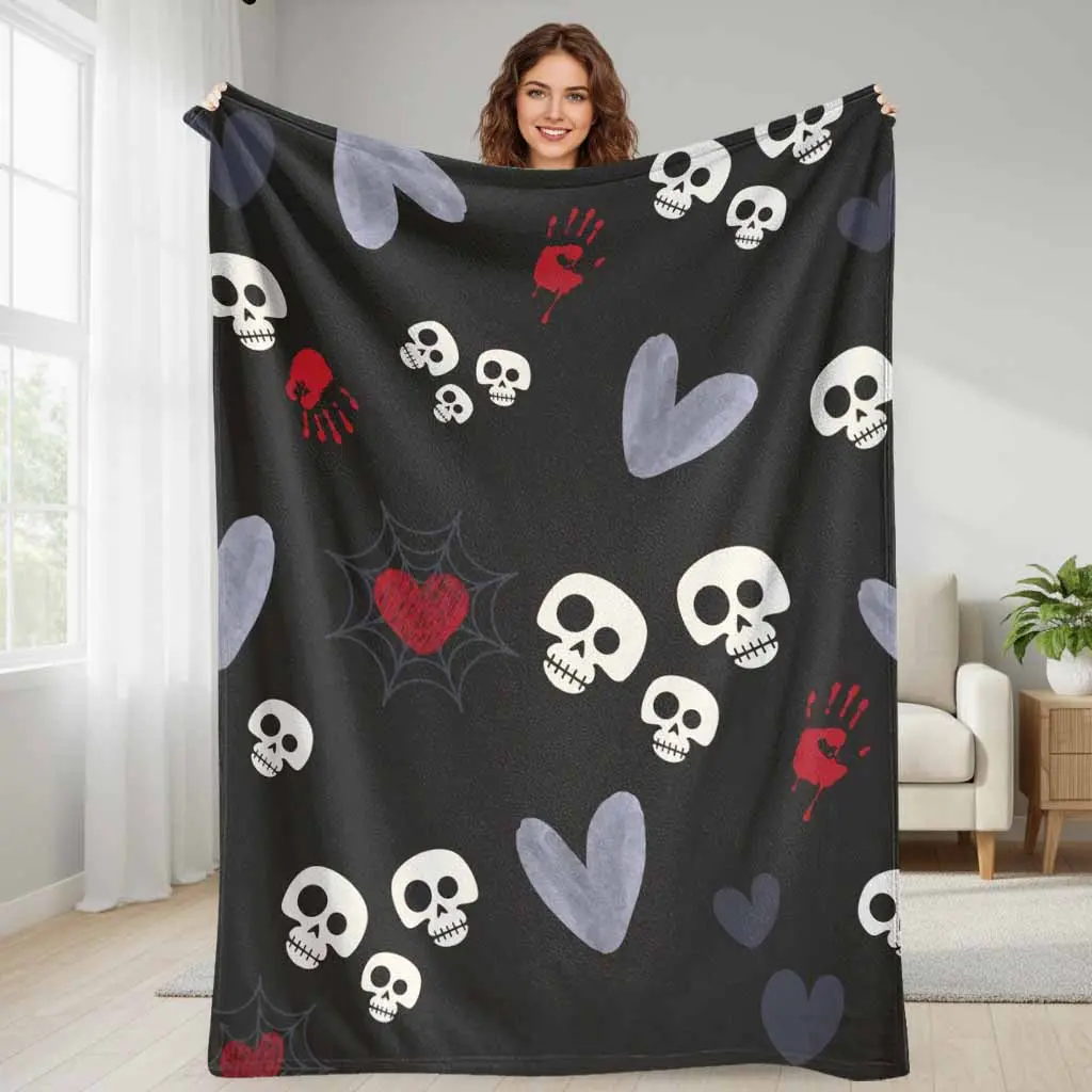 Gothic Skull Flannel Blanket Spooky Human Skeleton Heart Spiderweb Print Design Ultra Soft Lightweight Warm Plush Throw For Bedroom Sofa Couch Living Room Halloween Party Decor Holiday Gift And Travel Use