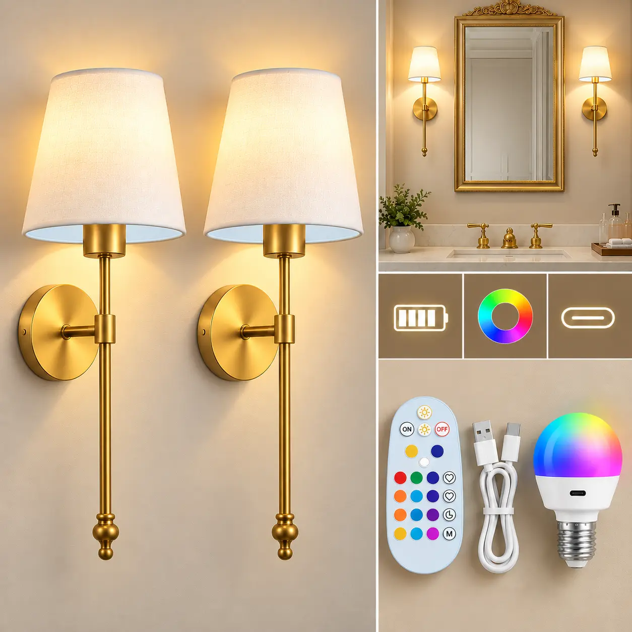 Set of 2 Rechargeable Wireless LED Wall Sconces with Remote, 15 RGB Colors, 2 Dynamic Modes, 3 Color Temperatures, 10-Level Brightness, Timer & Type-C Charging, Bulbs Included, Screw-Mount for Bedroom, Living Room & Hallway