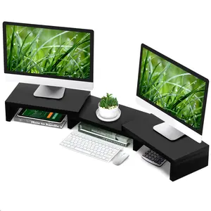 Rfiver Triple Monitor Stand, 3 Shelf Computer Stand Riser for LCD, PC, Laptop, Screen, Printer, Long Large Desktop Monitor Stand for 3 Monitors with Adjustable Length and Angle, Black