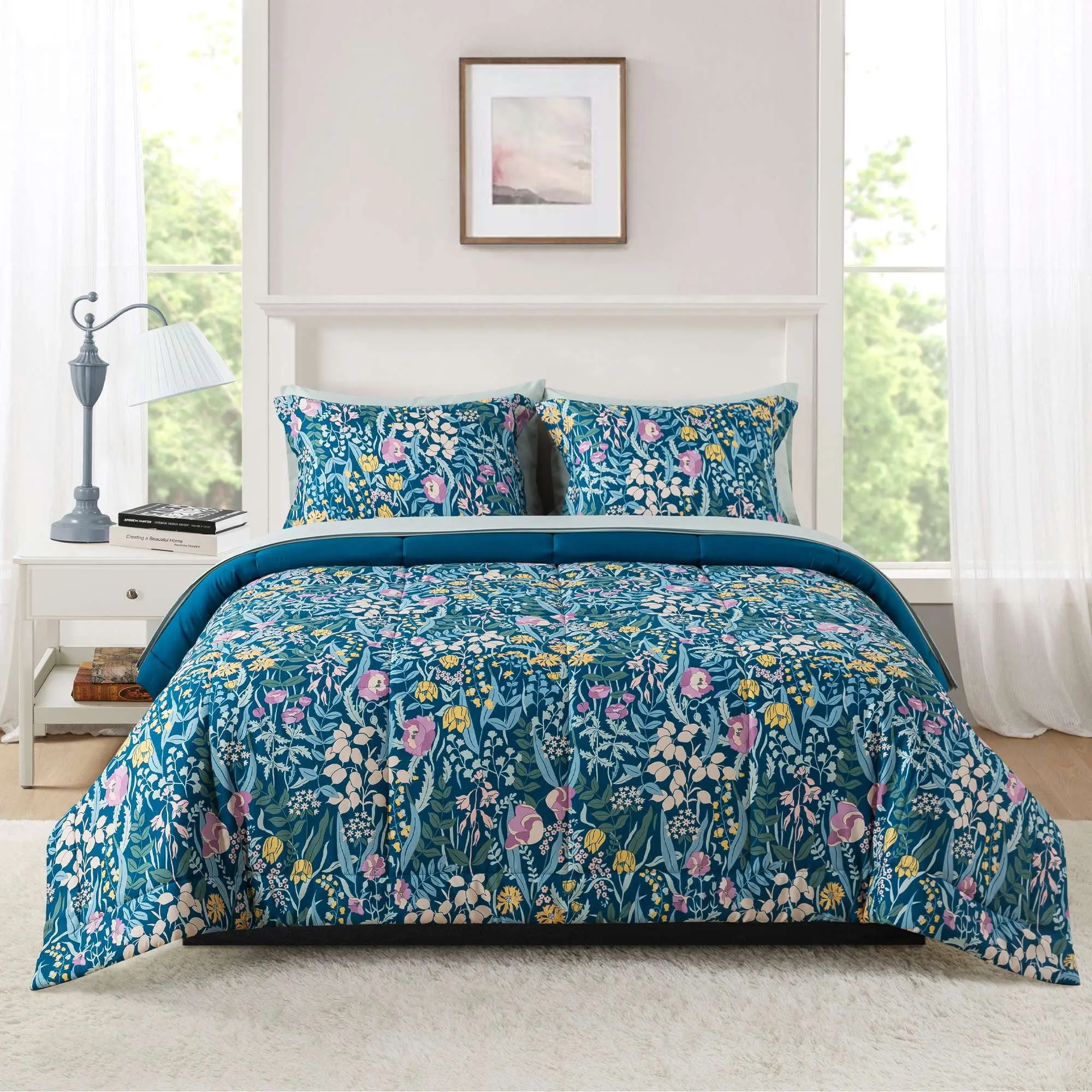 Mainstays All in One Reversible Comforter and Sheet Set, 7-Piece, Queen, Blue Floral