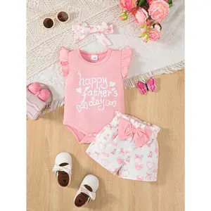 Baby Girl 3-Piece "Happy Father's Day" Outfit Ruffle Sleeve Romper, Full Print Shorts & Matching Headband Set For 1-18M Pink 22503239