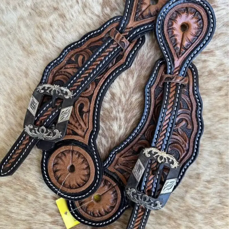 Pair Adult Two Tone Top Grain Leather Western Spur Straps