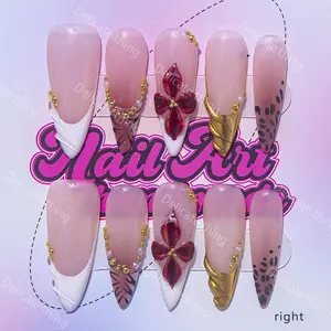 Delicatething Y2K Style Long Sharp Nails, Handmade Nail Art Design Set, Handcrafted Quality, 4 Sizes XS S M L, 3D Carved Gold Beads, DIY Nails, Nail Tips, Perfect Gift for Women, Nail Art Products