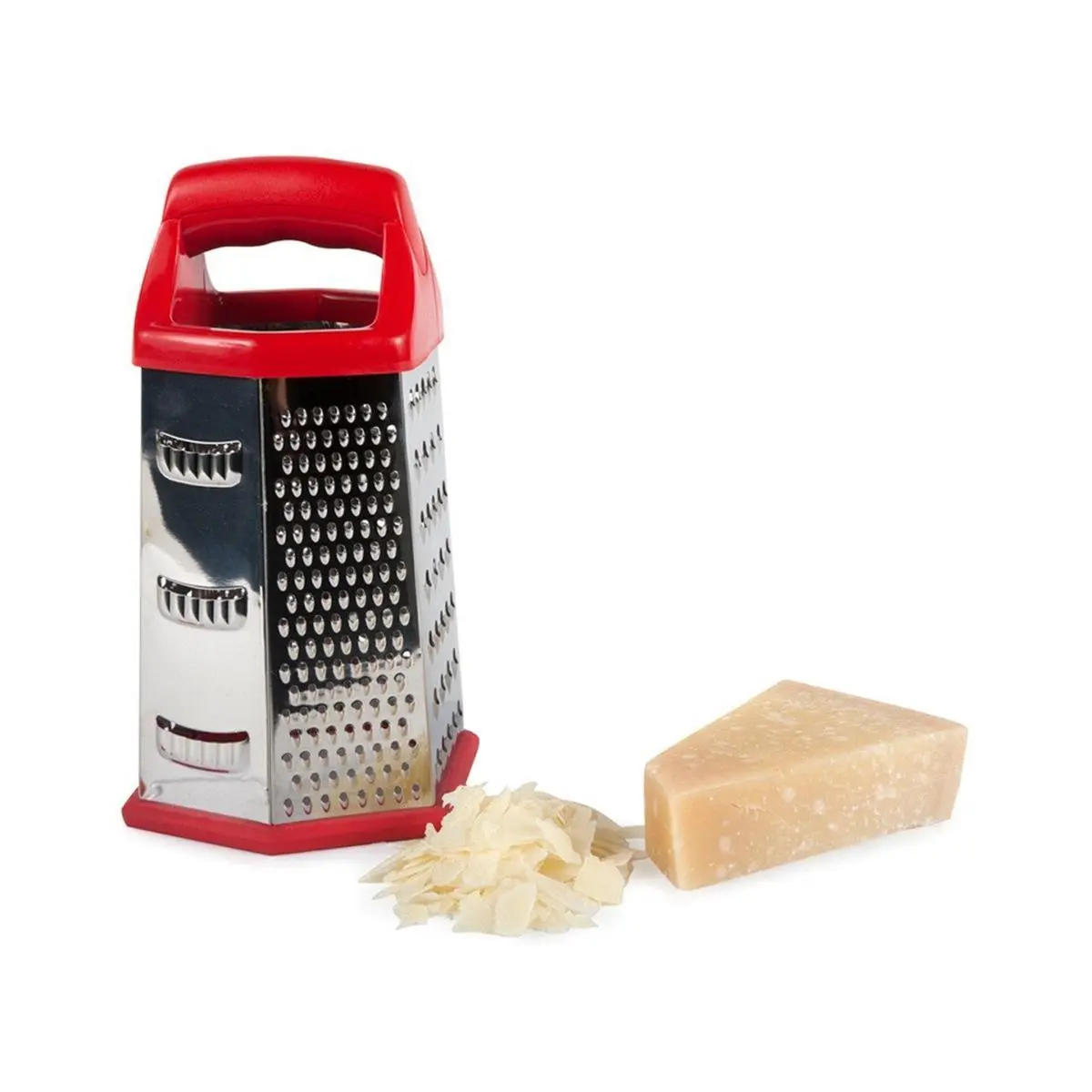 212 MAIN Red Modern Hexagonal Grater - Stainless Steel Core Kitchen Utensil with Silicone Enhancement, Dishwasher-Safe Gadget for Everyday Fruit and Vegetable Prep
