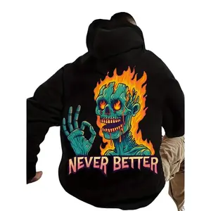 Men's Casual Hoodie, Skull and Fire Pattern, Cotton Blend Knit Fabric, Regular Fit Hoodie, with Pocket Details, Suitable for Autumn/Winter, Sweater Hoodie, Halloween